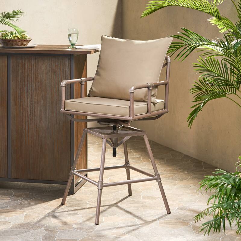 Pipe Bar Stool Adjustable Height Swivel Antique Brass Iron with Cushions - Antique Brass