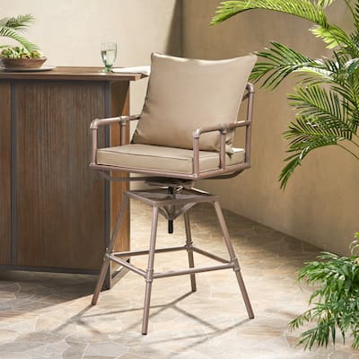 Pipe Bar Stool Adjustable Height Swivel Antique Brass Iron with Cushions