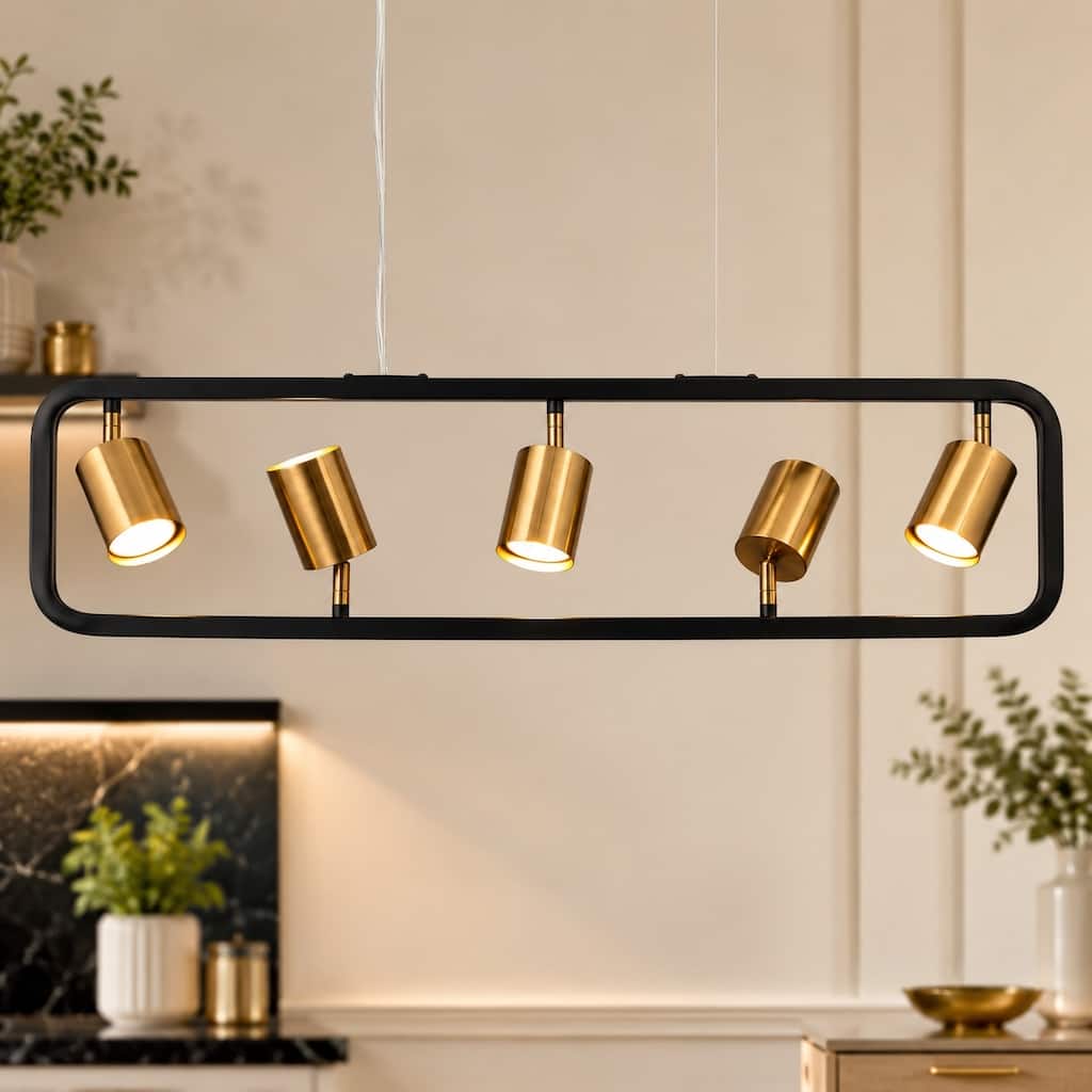 Modern 5-Light Black Gold Metal Linear Chandelier Industrial Island Pendant Lights for Dining Room - 31.5 "