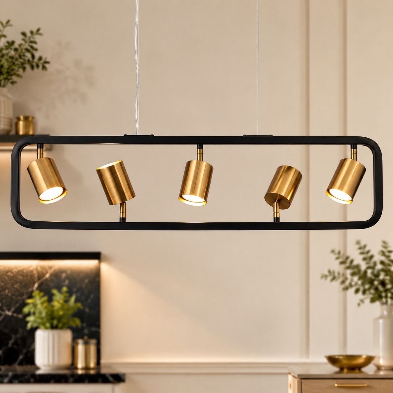Modern 5-Light Black Gold Metal Linear Chandelier Industrial Island Pendant Lights for Dining Room - 31.5 "