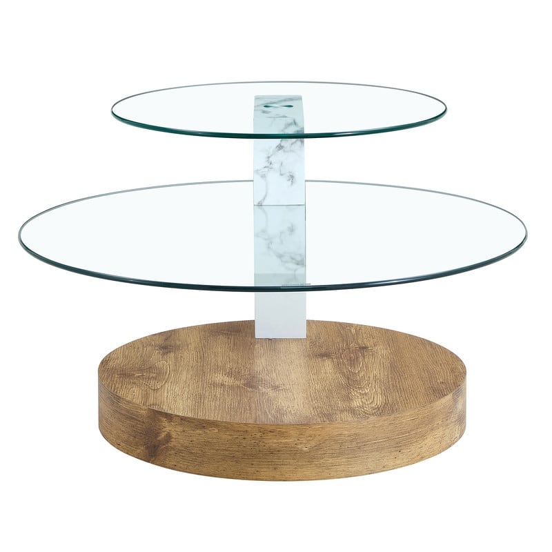 Contemporary Artistic Double Layer Coffee Table - White Marble and Wood Grain Collision