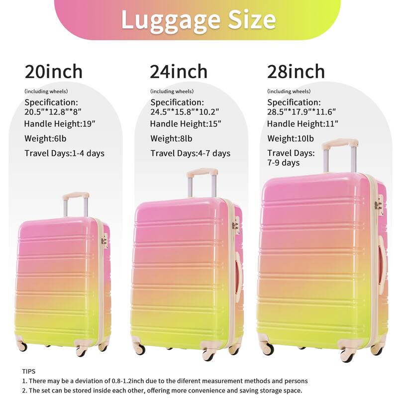 3-Piece, 20, 24, 28-Inch Modern Luggage Sets, Gradient Expandable Luggage with TSA Lock, for Boarding Travel, Multicolor Pink