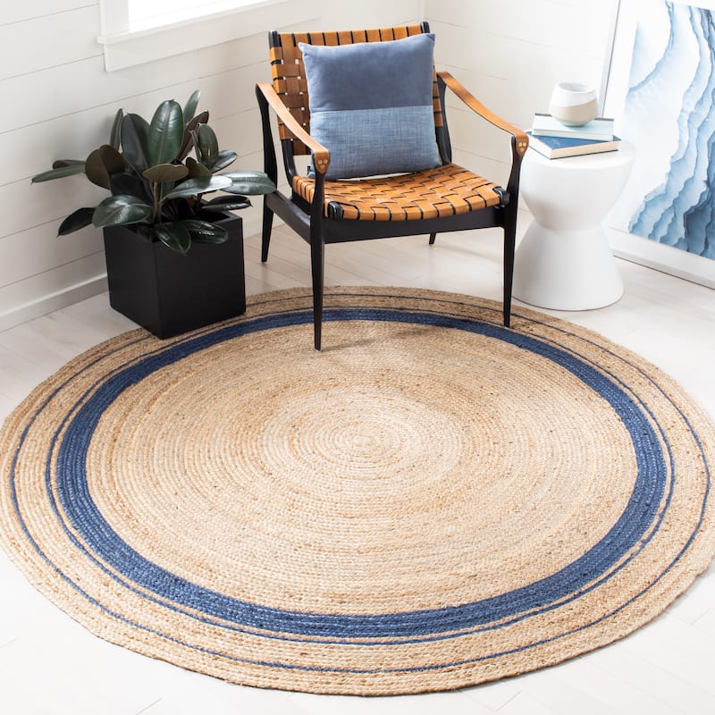 SAFAVIEH Handmade Natural Fiber Averi Border Jute Rug - 6' Round - Navy/Natural