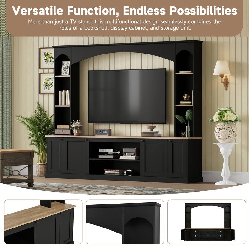Farmhouse Arched Entertainment Center, 91" Wood Grain Media Console for 70" TVs with Bookshelf & Adjustable Shelves