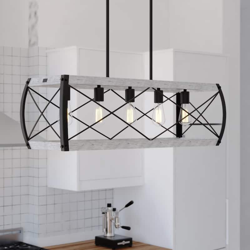 Montclare 5L Black and White Ash Wood Farmhouse Cage Linear Chandelier Island Pendant Light Fixture - Textured Black and White Ash - 35-in W x 19.5-in H x 13-in D