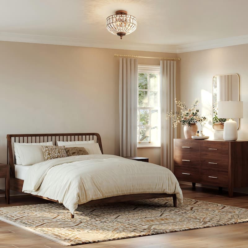 15.6" 3-Light Retro Rust-Colored Bowl Shaped Faceted Clear Crystal Semi-Flush Mount Ceiling Light for Bedroom, Kitchen