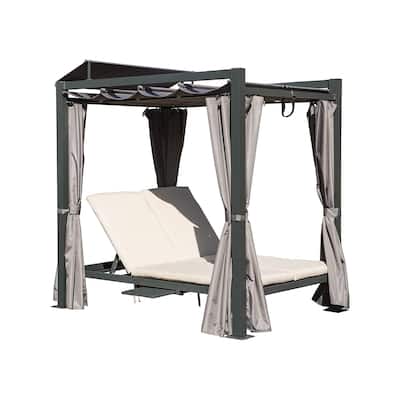 GDFStudio - Adrienne Double Chaise Outdoor Daybed with Retractable Canopy and Adjustable Lounging Comfort