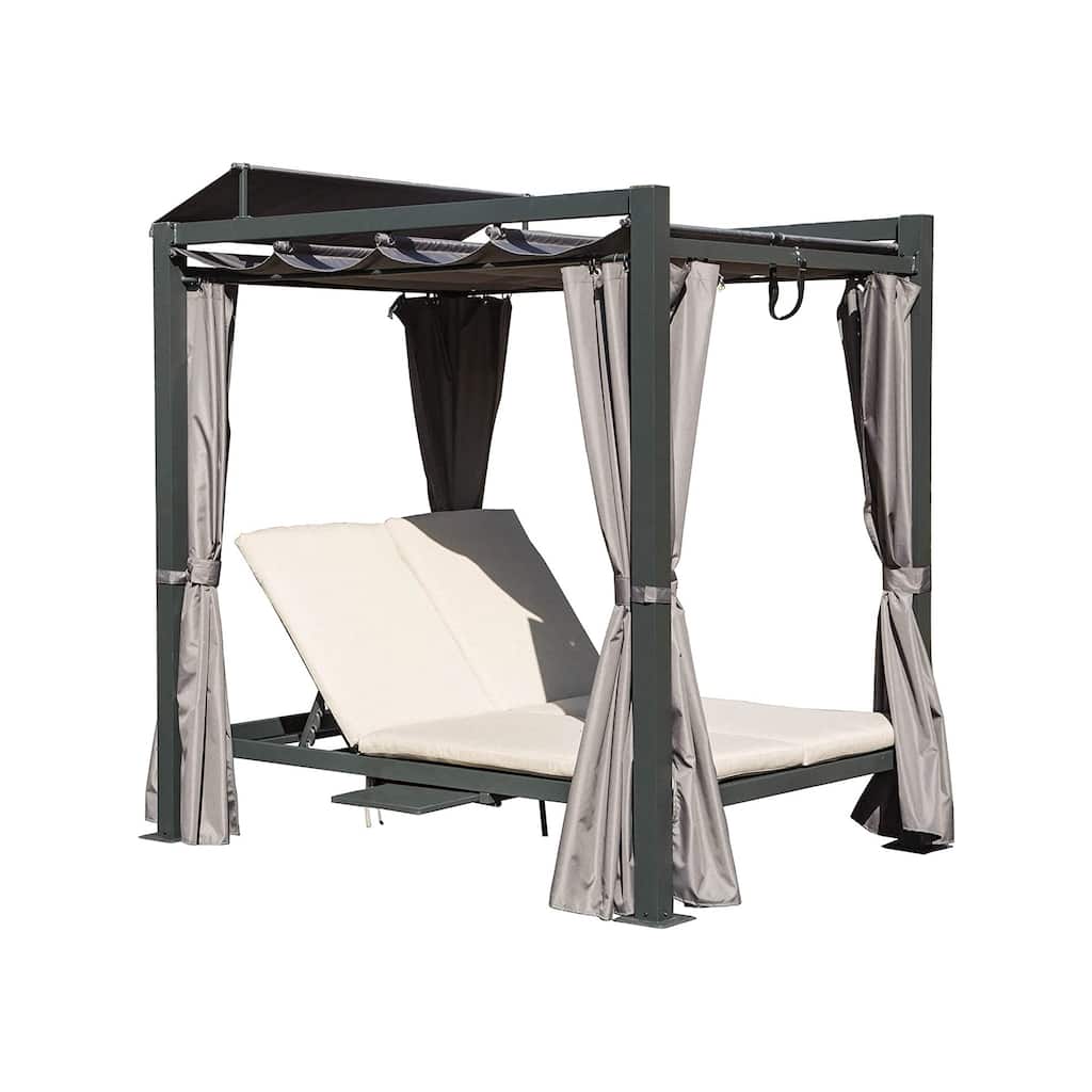 GDFStudio - Adrienne Double Chaise Outdoor Daybed with Retractable Canopy and Adjustable Lounging Comfort