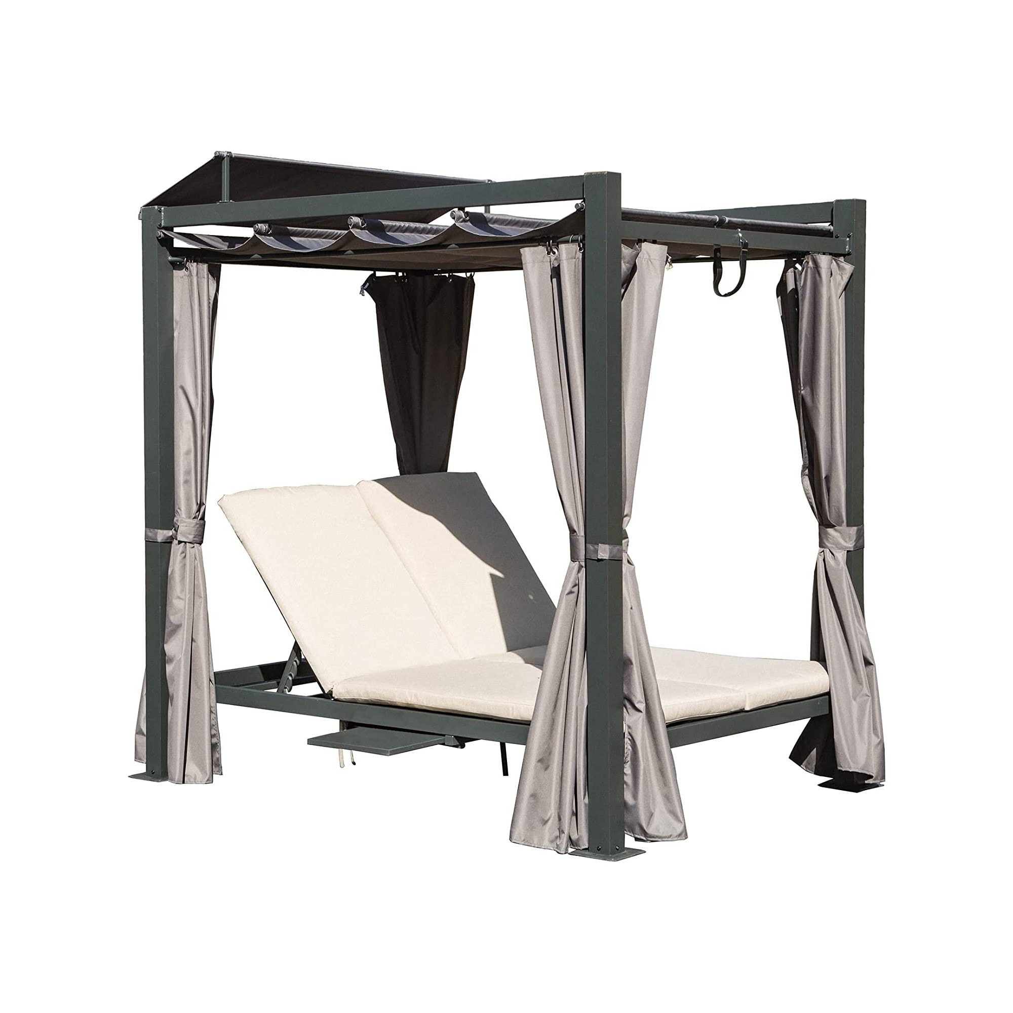 GDFStudio - Adrienne Double Chaise Outdoor Daybed with Retractable Canopy and Adjustable Lounging Comfort
