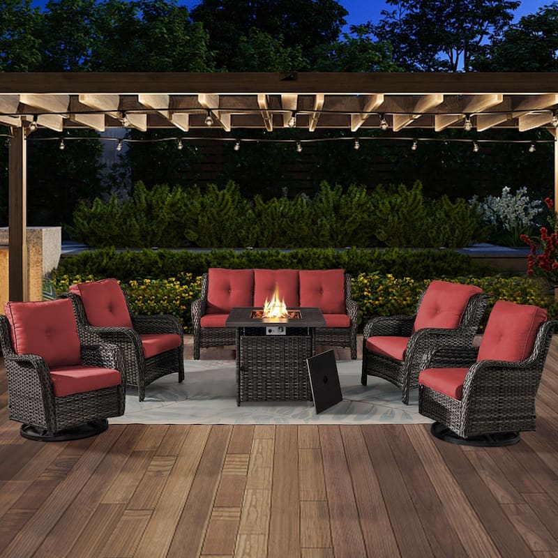 Gymojoy 6-Piece Outdoor Wicker Patio Furniture with Fire Pit Table, Rattan Coversation Set with Water Resistant Thick Cushions - Grey Wicker / Red Cusion - 6-Piece