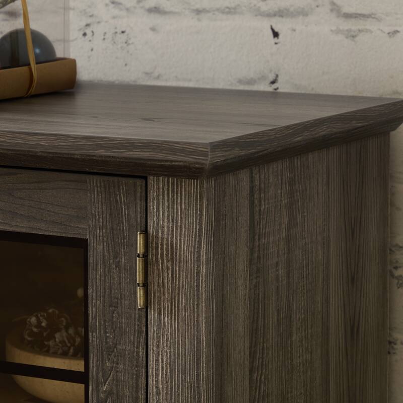 GDFStudio Eulalia Wood 2-Door Storage TV Stand with Faux Stone Mantle