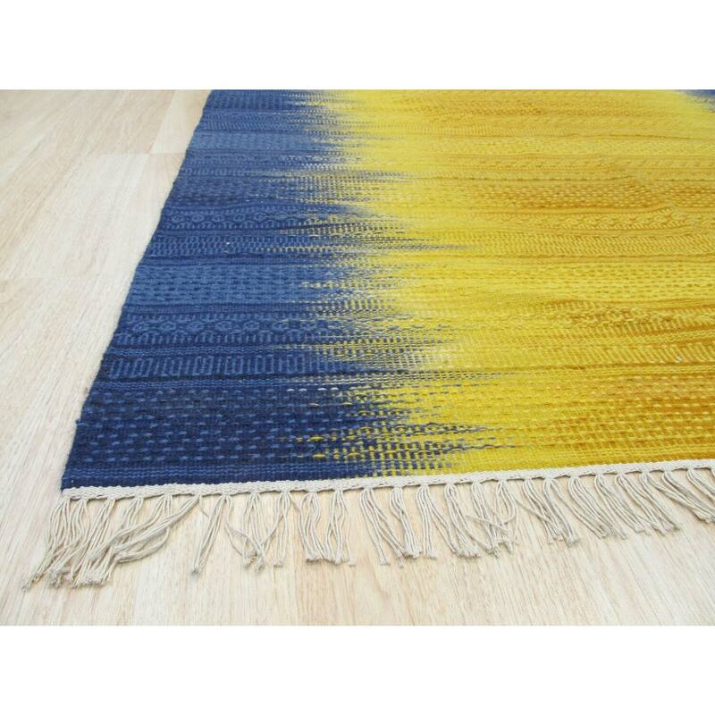 Yellow and Blue Reversible Handmade Wool Flatweave Rug, 9' x 12', Soft Durable Design - L