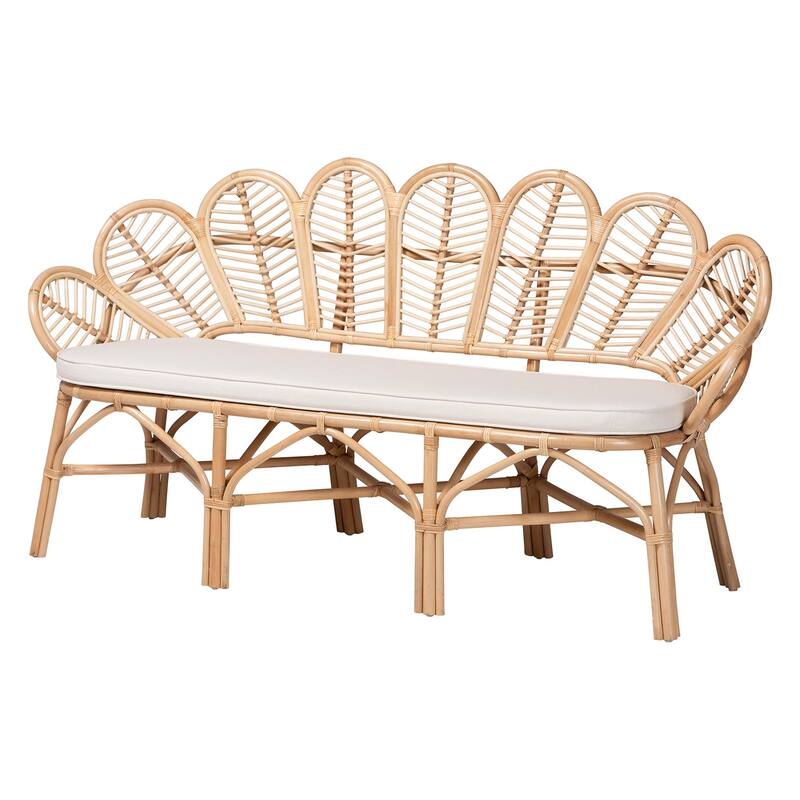 Eliava Natural Rattan Accent Bench with Cushion - Coastal Boho Loveseat with Scalloped Fan Back for Living Room or Sunroom - Natural Brown