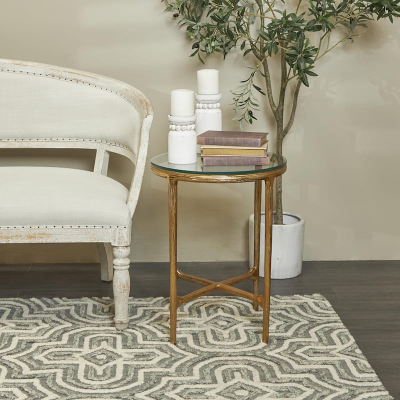 Aluminum Metal Textured Side End Accent Table with Glass Tabletop - Gold or Silver- Roche River Decor