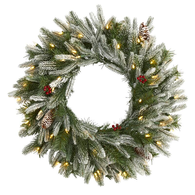 24" Snowed Christmas Wreath with 50 Warm White LED Lights