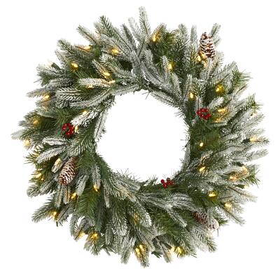 24" Snowed Christmas Wreath with 50 Warm White LED Lights