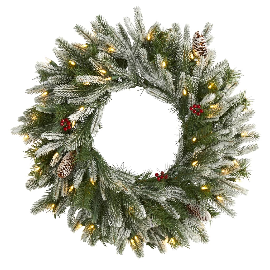 24" Snowed Christmas Wreath with 50 Warm White LED Lights