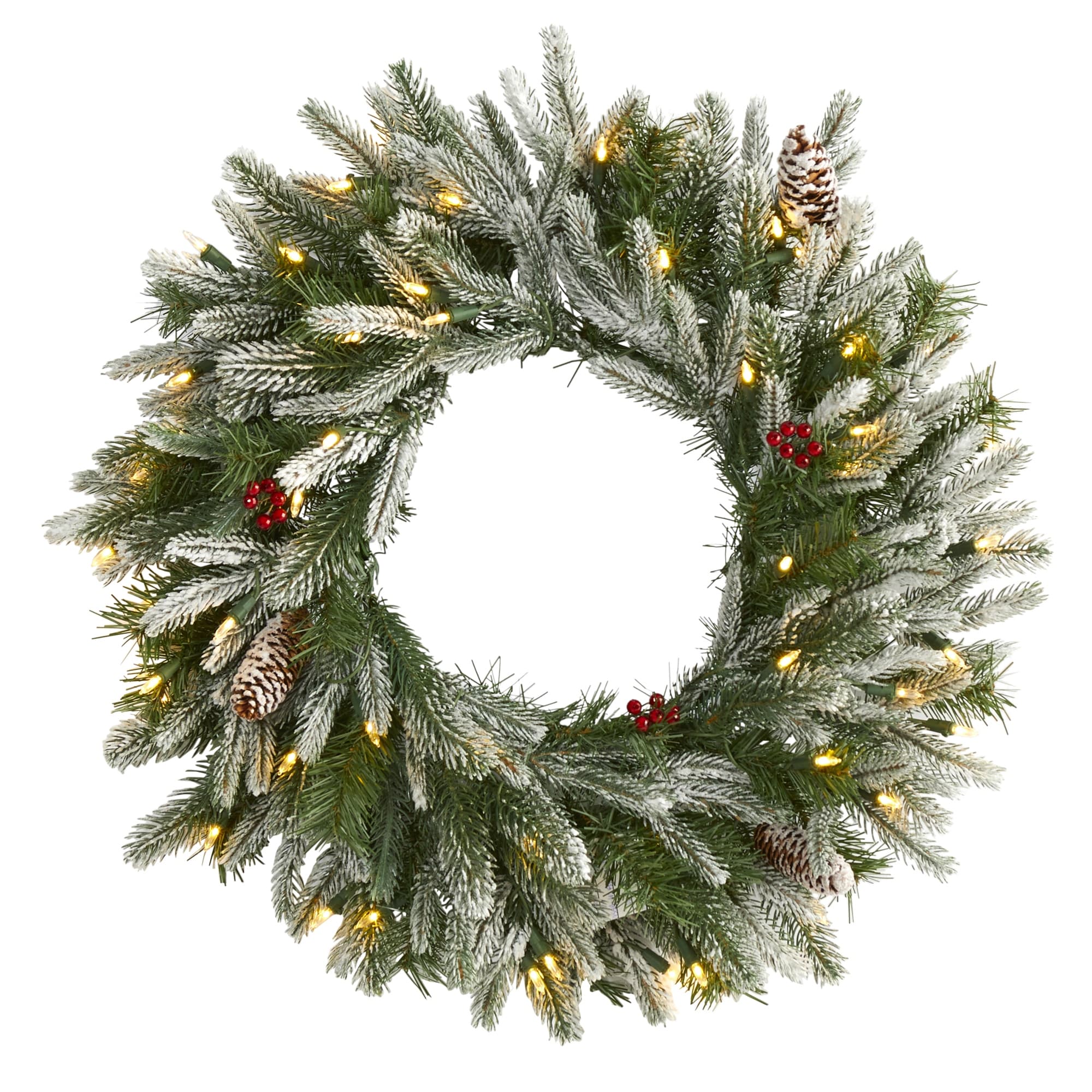 24" Snowed Christmas Wreath with 50 Warm White LED Lights