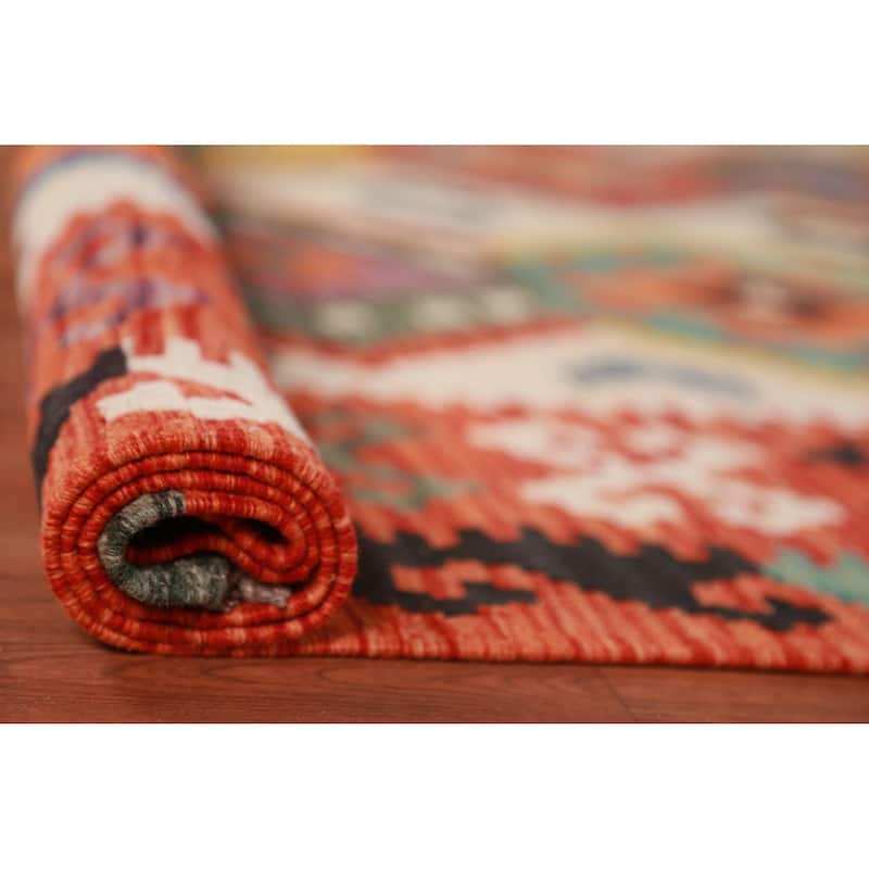 Geometric Kilim Oriental Area Rug Hand-Woven Reversible Wool Carpet - 8'8"x 11'2"
