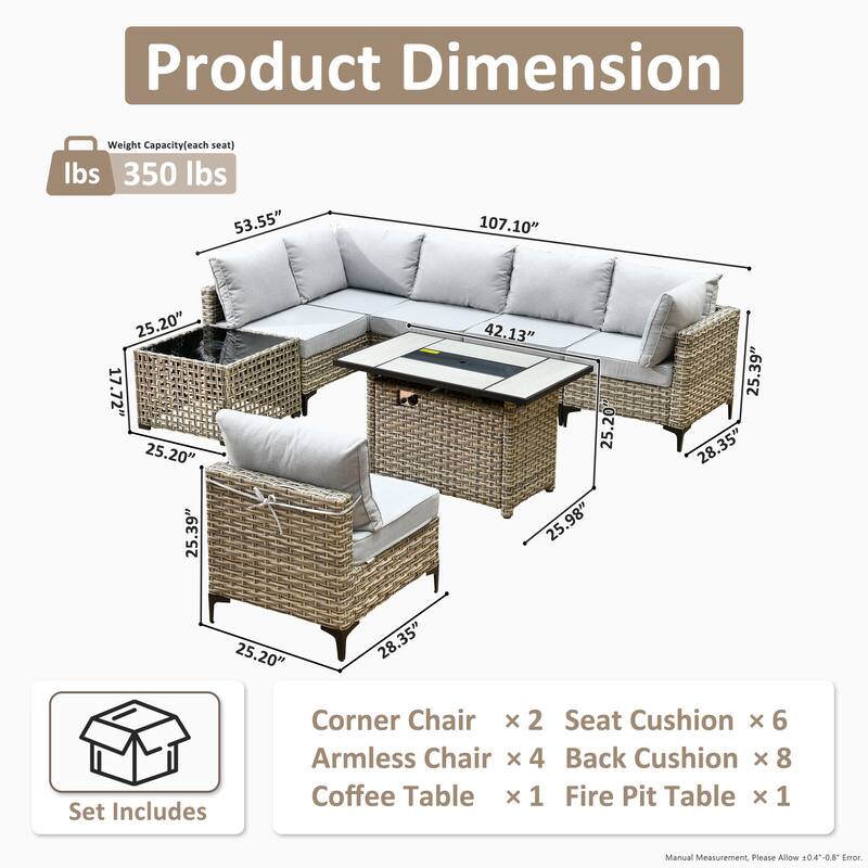 XIZZI 8-Piece Outdoor Wicker Furniture Sectional Set with Firepit