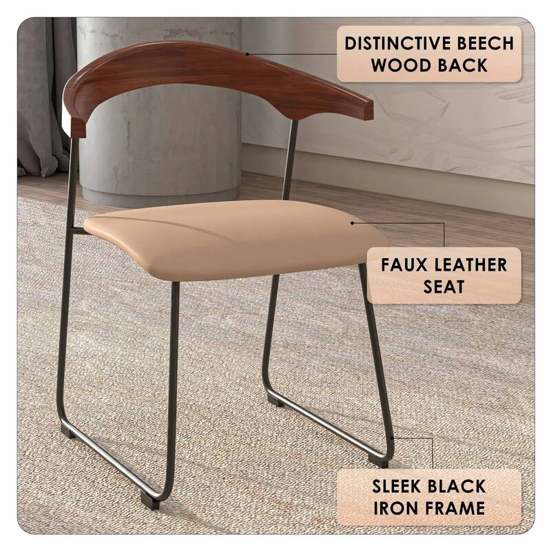 Dining Chair in Leather with Beech Back and Iron Legs Set of 2