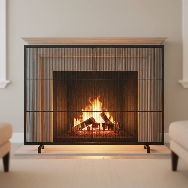 Roomfitters Willow 1-Panel Iron Fireplace Screen with Vertical Bar Design - Black