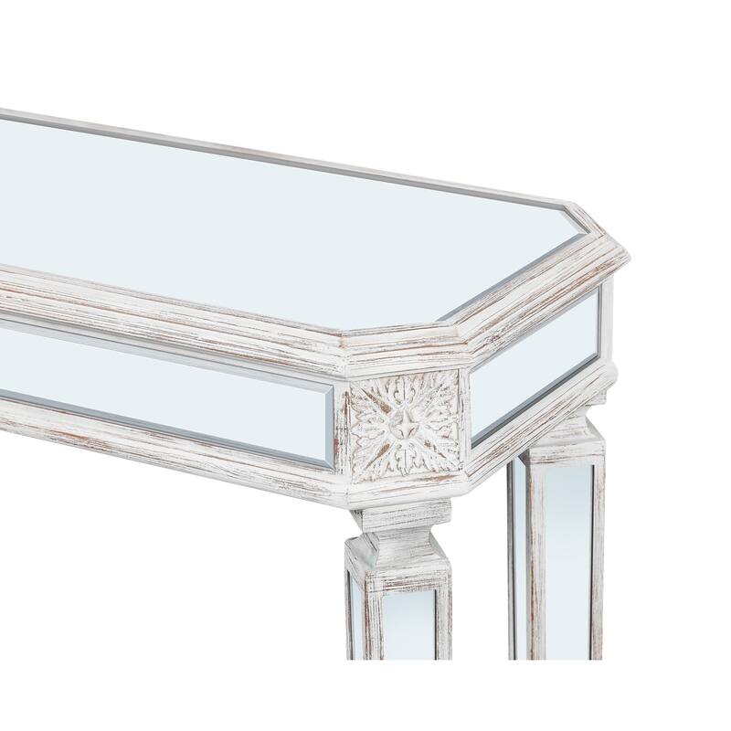 Roomfitters 48" Mirrored Console Table, Carved Wood Entryway Sofa Table with Silver Glass & Oak Finish