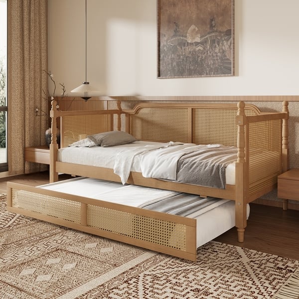 slide 2 of 42, Wooden Rattan Daybed with 2 Drawers or Trundle Walnut&Trundle - Full