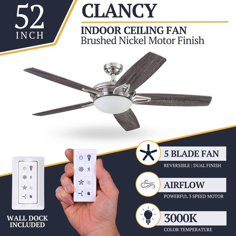 52" Prominence Home Clancy Brushed Nickel Contemporary LED Ceiling Fan with Light, Remote Control