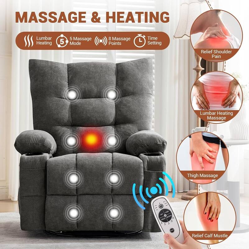 Swivel Rocker Recliner Chair, with Massage and Heat and Side Pocket