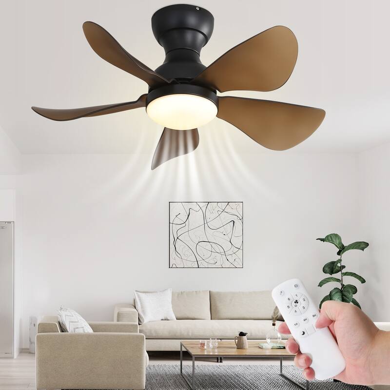 29 Inch Modern Ceiling Fans w/Lights and Remote Bedroom Flush Mount Ceiling Fan - 29 inch - Black with Brown Blades
