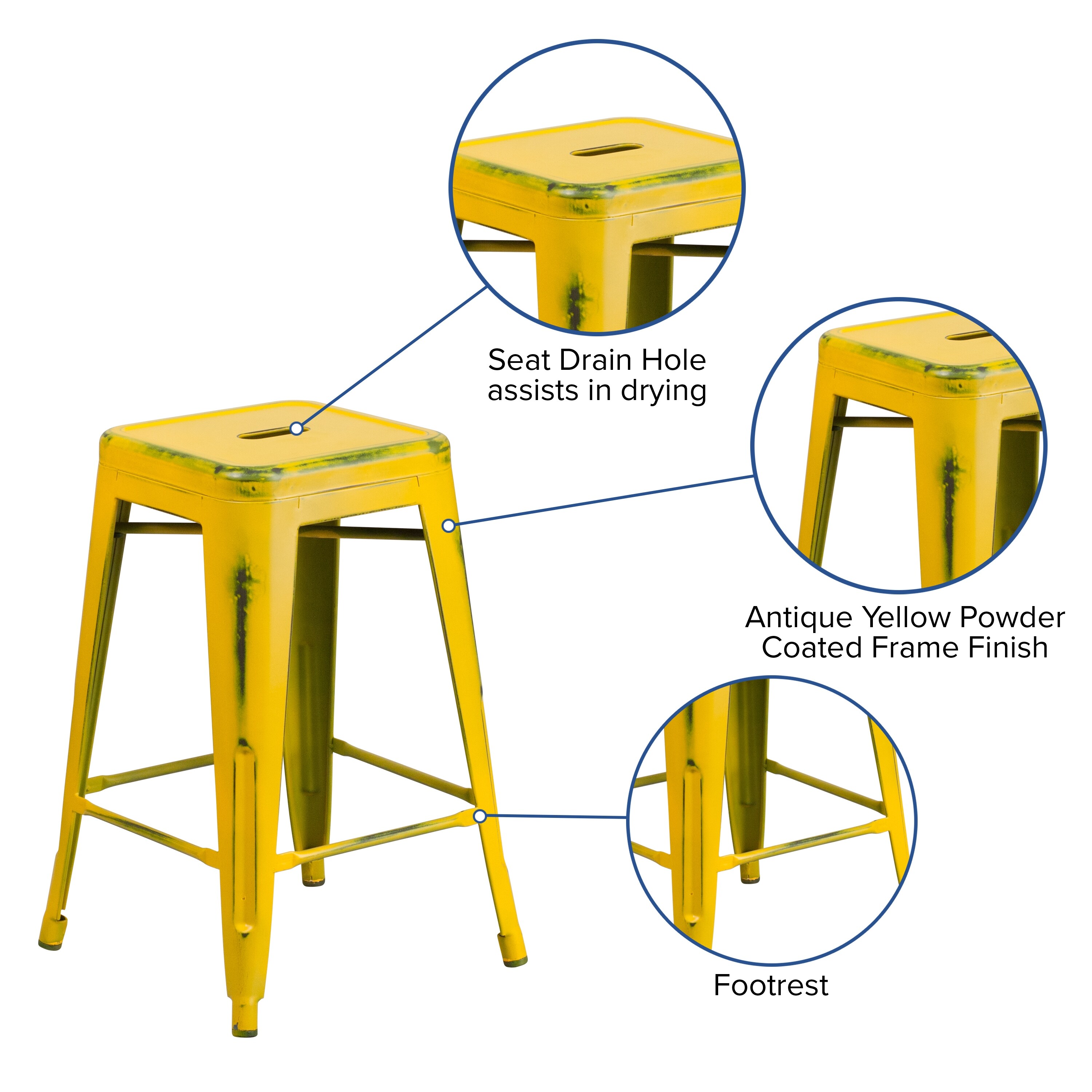24'' High Backless Distressed Yellow Metal Indoor Counter Height Stool 