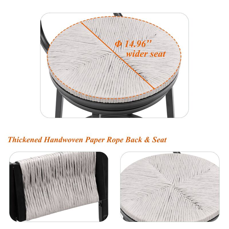 Modern Bar Stools Swivel Counter Chairs with Metal Frame Set of 2 Hand Woven Paper Rope Dining Barstools for Kitchen Counter