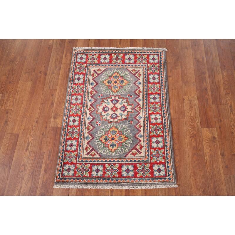 Geometric Kazak Accent Rug Handmade Grey Wool Carpet - 2'1" x 2'11"