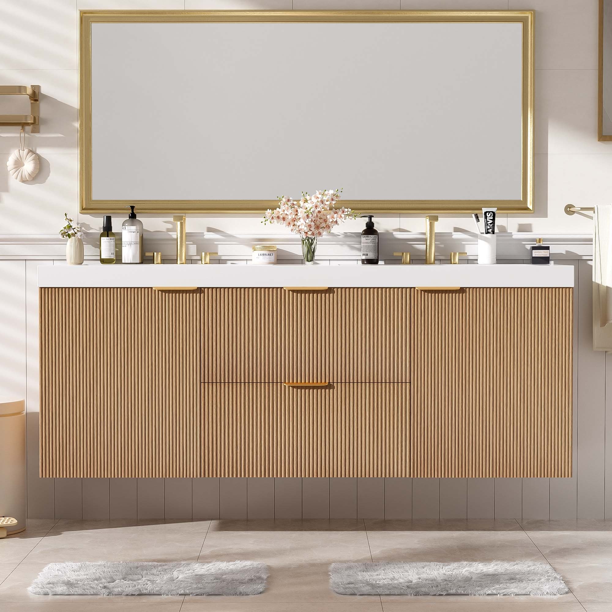 59.3 Inch Floating Double Sink Bathroom Vanity with SMC Resin Top, Wall Mounted Storage Cabinet for Large Bathrooms