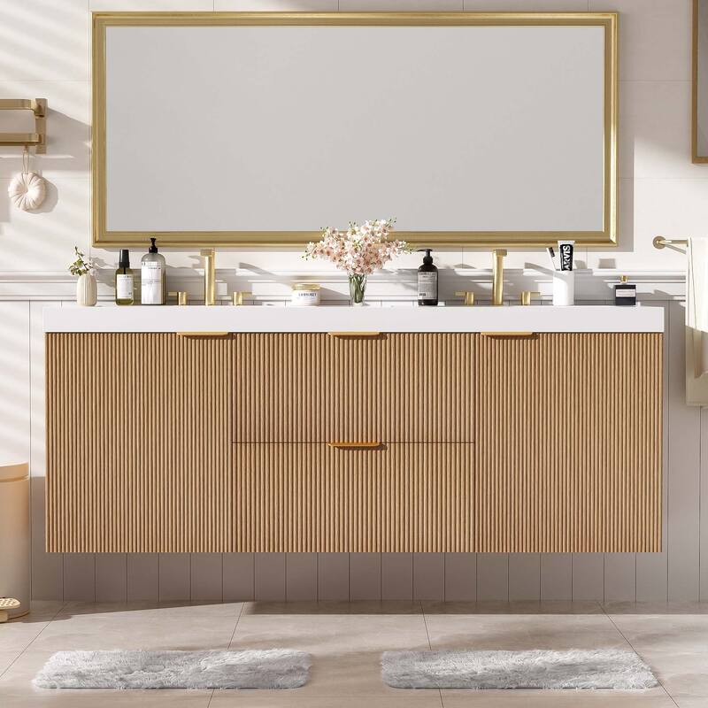 GDFStudio - Mercer Transitional Wall Mounted Bathroom Vanity Cabinet with Double SMC Sink, Soft Close Doors & Drawers - Wood - 59.3"