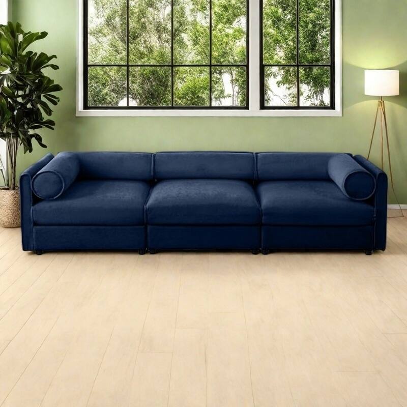 Modern Chenille 6-Seater Sofa with Ottoman Storage, Hidden Storage, Cylindrical Cushioned Arms and Backrest - 3 Seater Blue