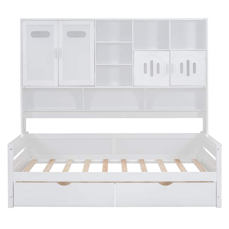 Twin Size Daybed with Bookcase Headboard and Shelves, Wooden Platform Bed Frame with 2 Drawers and All-in-One Storage Cabinet
