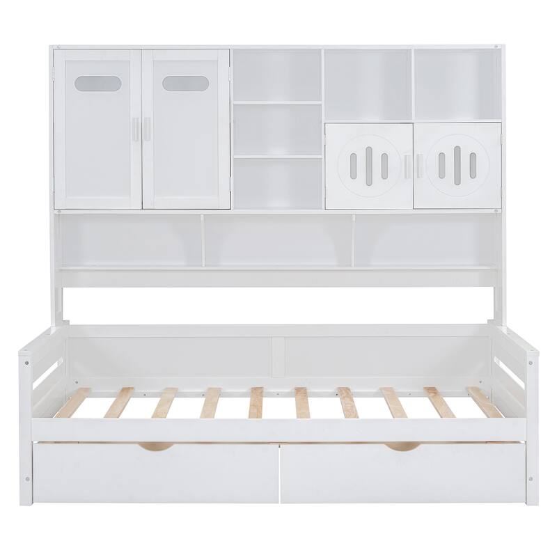 Twin Size Wooden Daybed with 2 Drawers, All-in-One Cabinet and Shelf for Bedroom