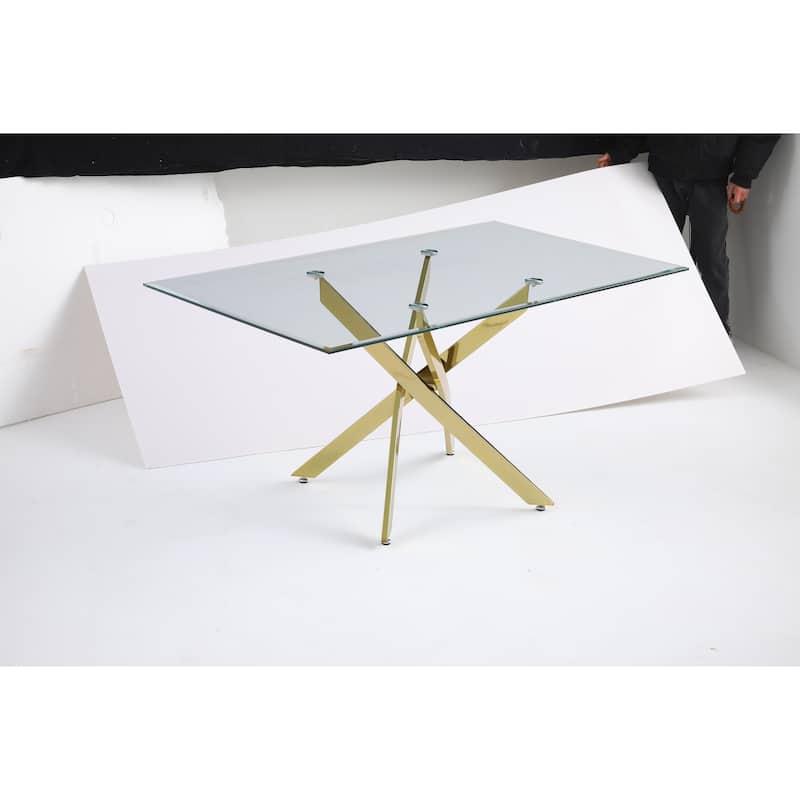 Modern rectangular tempered glass tabletop with a golden iron frame