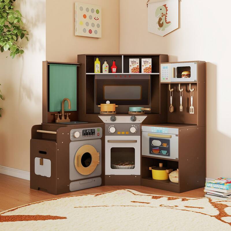Gymax Corner Kitchen w/ Lights & Sounds Interactive Wooden Playset for