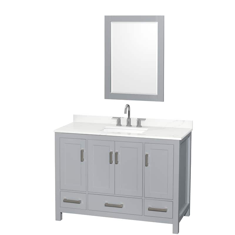 Sheffield 48-inch Single Vanity, 3 Hole Quartz Top, 24-inch Mirror - Gray, Chrome Trim, Giotto Quartz Top