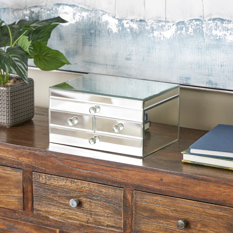 Glass Mirrored 4 Drawers Jewelry Box - Silver - Roche River Decor - 9"W x 11"L x 6"H
