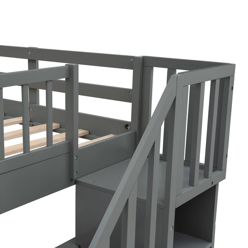 Full-Over-Full Bunk Bed with Twin Trundle, Storage, and Guard Rail in Gray