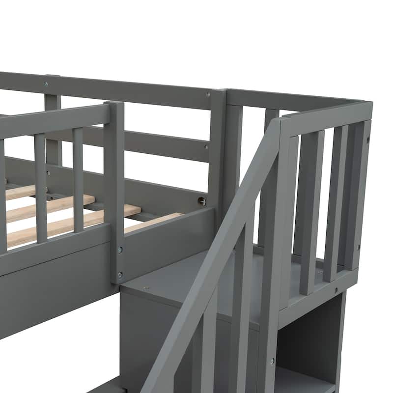 Stairway Full-Over-Full Bunk Bed with Twin size Trundle, Storage and Guard Rail for Bedroom, Dorm - Gray