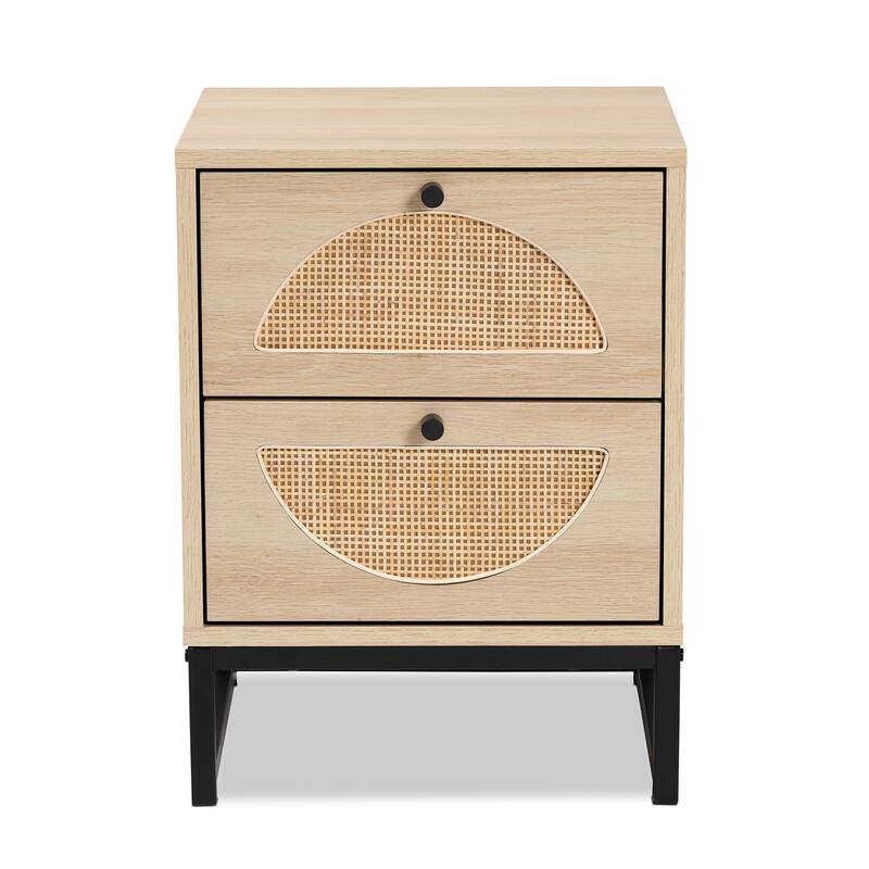 Baxton Studio Ardon Bohemian Light Brown Finished Wood and Black Metal 2-Drawer End Table with Natural Rattan
