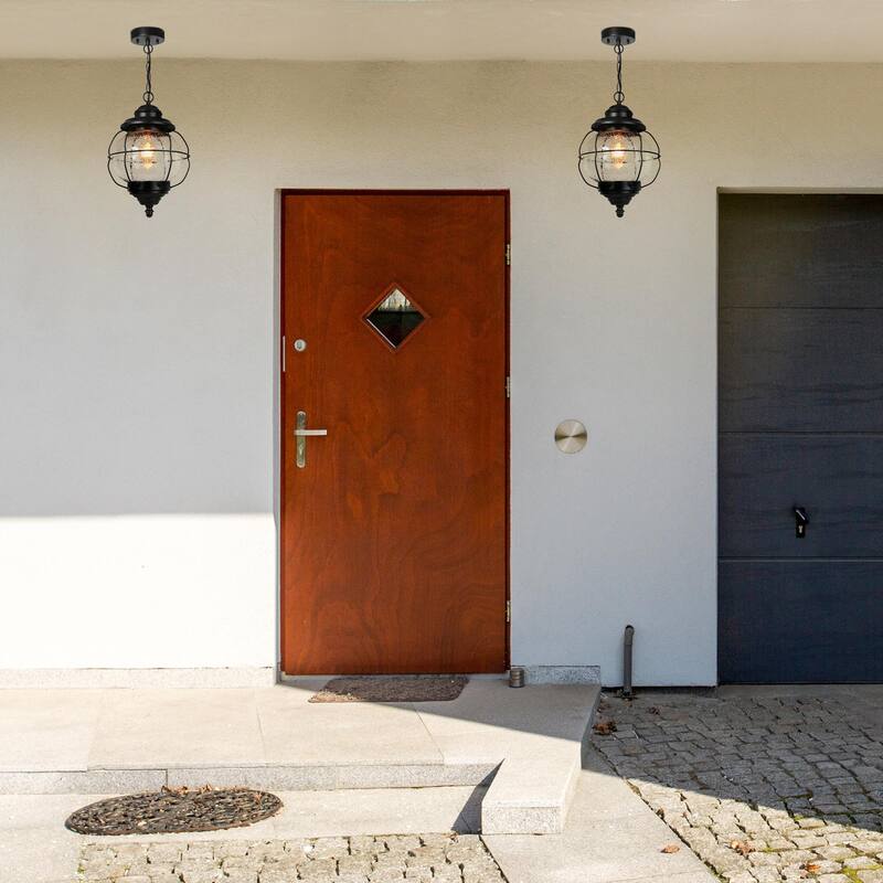 Modern Farmhouse Black 1-Light Outdoor Pendant Light Glass Patio Lantern Lamp - D10" X H12"