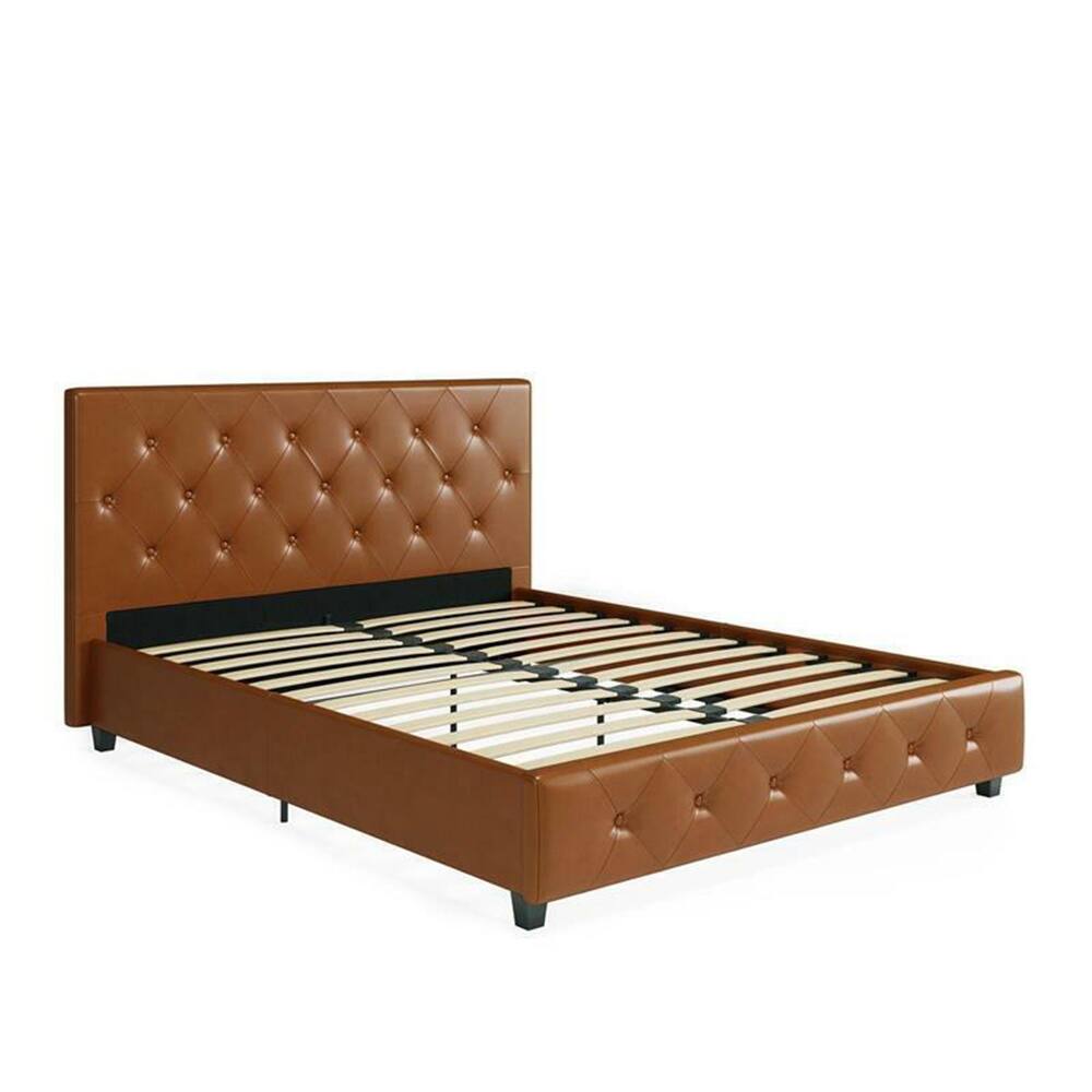 Upholstered Platform Bed Full Size Frame in Camel Faux Leather Bed