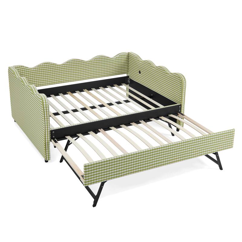 Upholstery Daybed Full Size Sofa Bed with Twin Size Trundle and Charging Ports, Linen Fabric Plaid Pattern and Wavy Silhouette