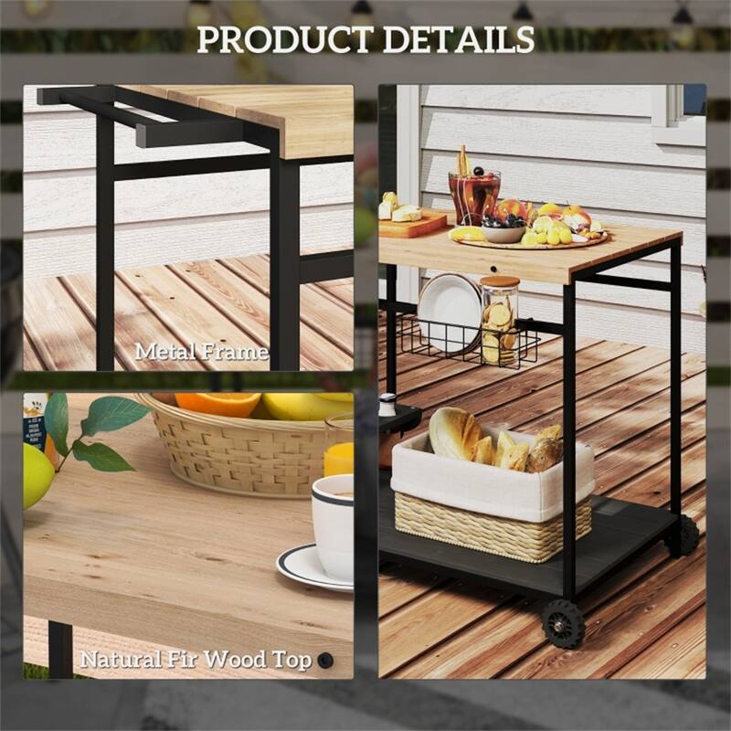 Natural Wood and Metal Outdoor Bar Cart with Two Shelves, Baskets, Wine Holders, and Wheels Mobile Serving Cart